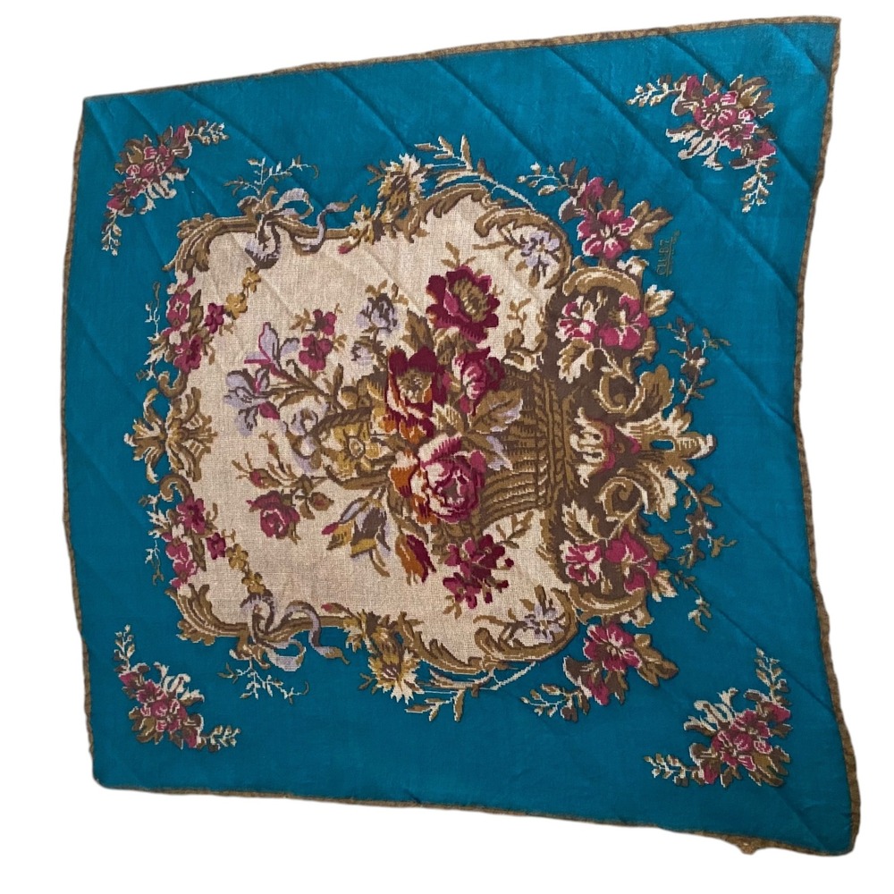 Vintage Glentex Teal Floral Tapestry Square Scarf Fringed Edge Victorian Style - Picture 6 of 13